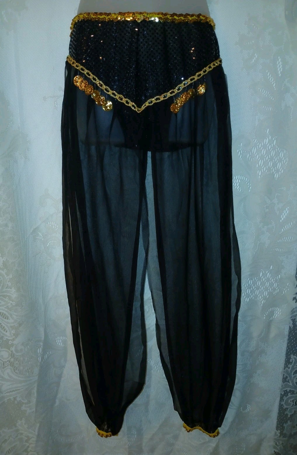 Vintage Belly Dancing Harem Genie Costume Black Chiffon Sequin Gold Coins XS