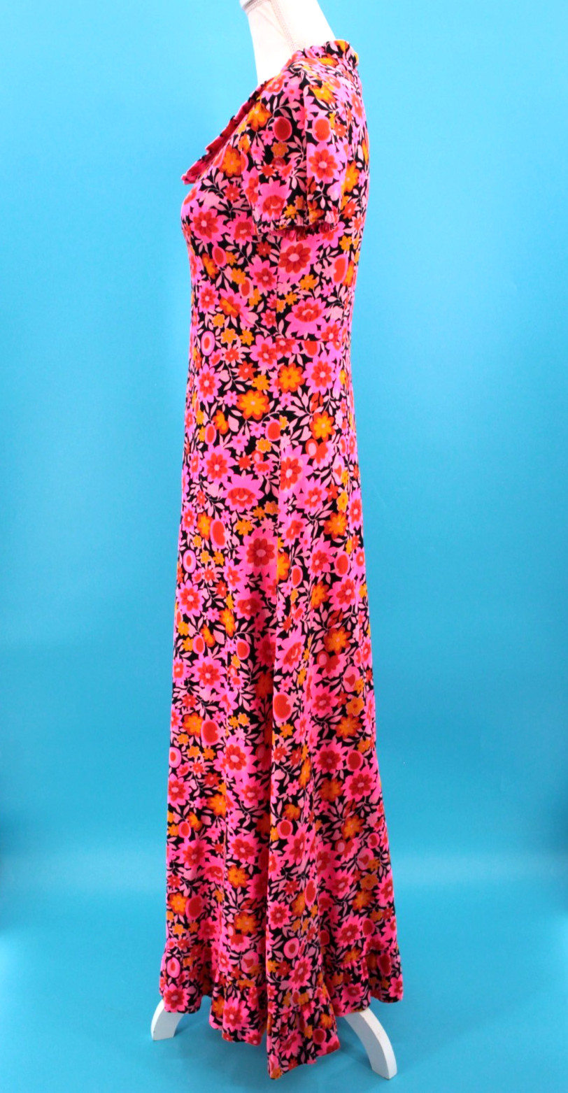 Vtg Women’s 60s Hot Pink & Orange Psychedelic Floral Maxi Dress XS/S 1960s