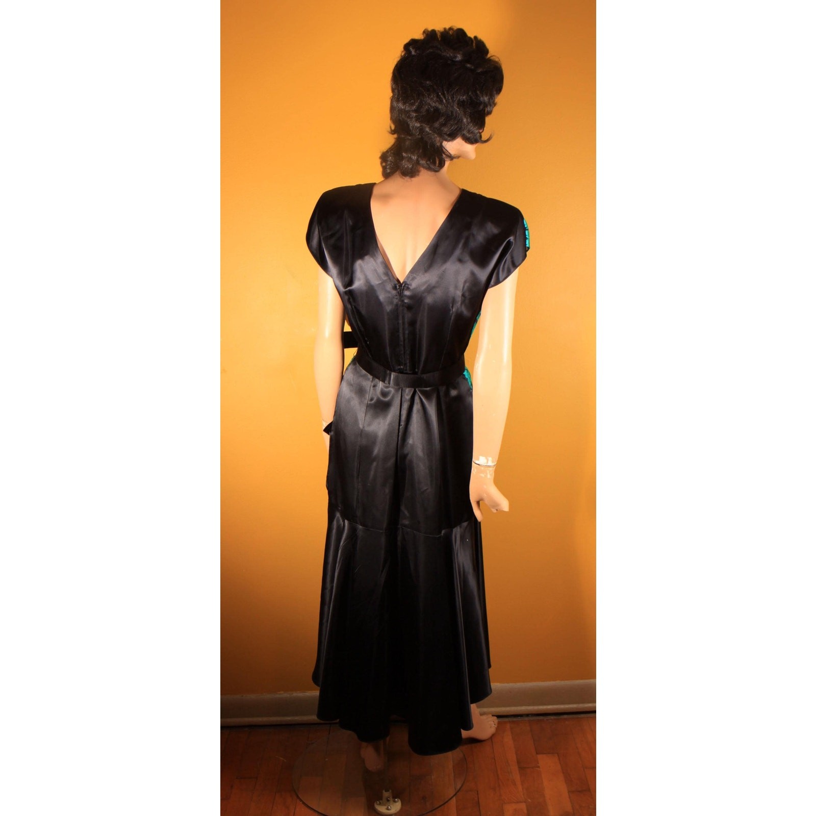 1980s Does 1940s Style Teal and Black Sheer Cocktail Dress by Diamond’s Run -L