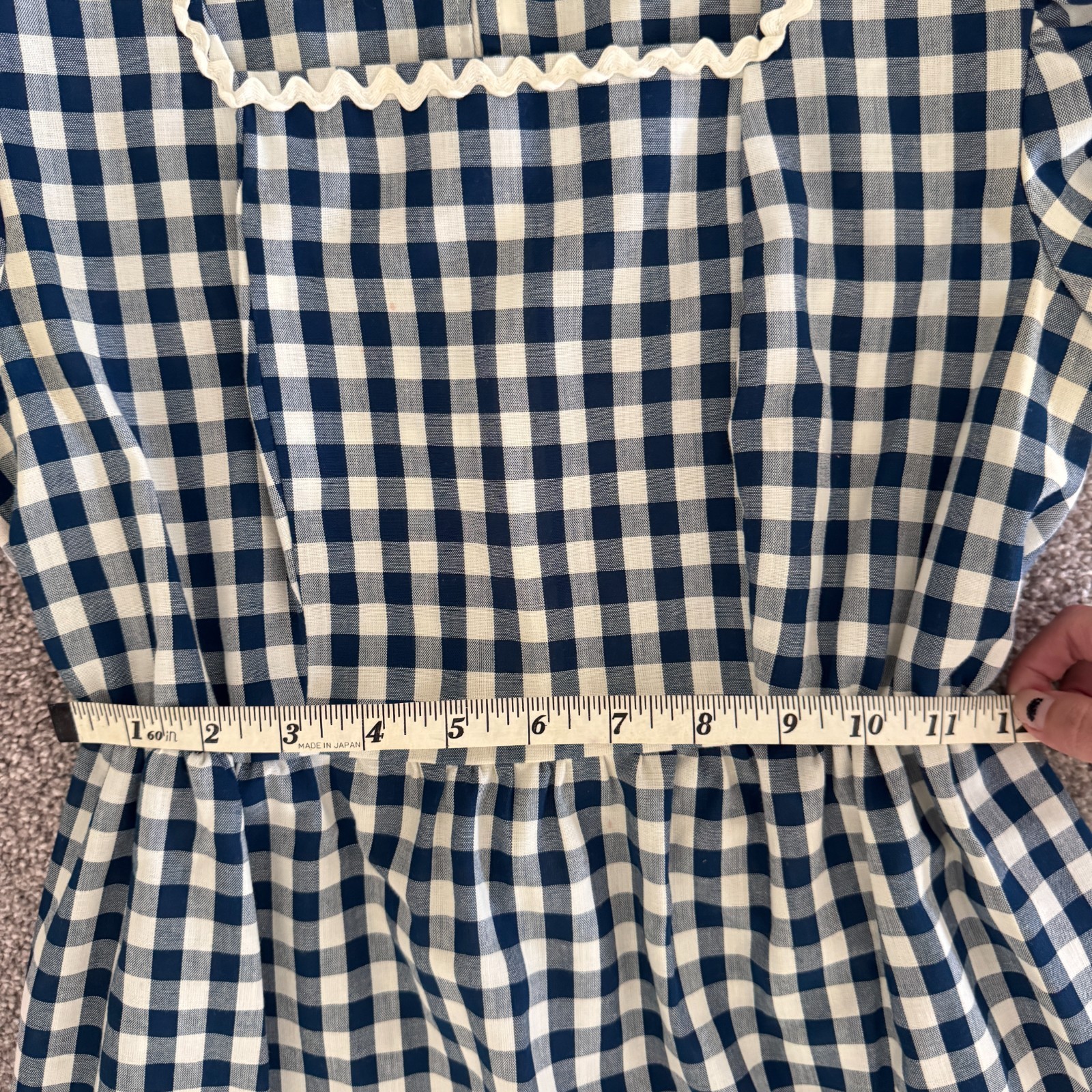 Vintage Handmade Blue White Gingham Prairie Maxi Dress Puff Sleeve XS 70s Style
