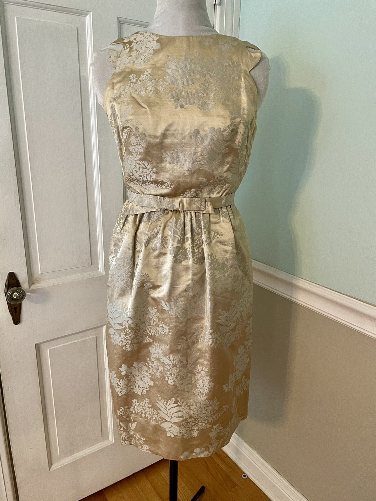 1950s Dress Maurice Rentner Original Champagne Gold Silk Brocade Dress With Bow