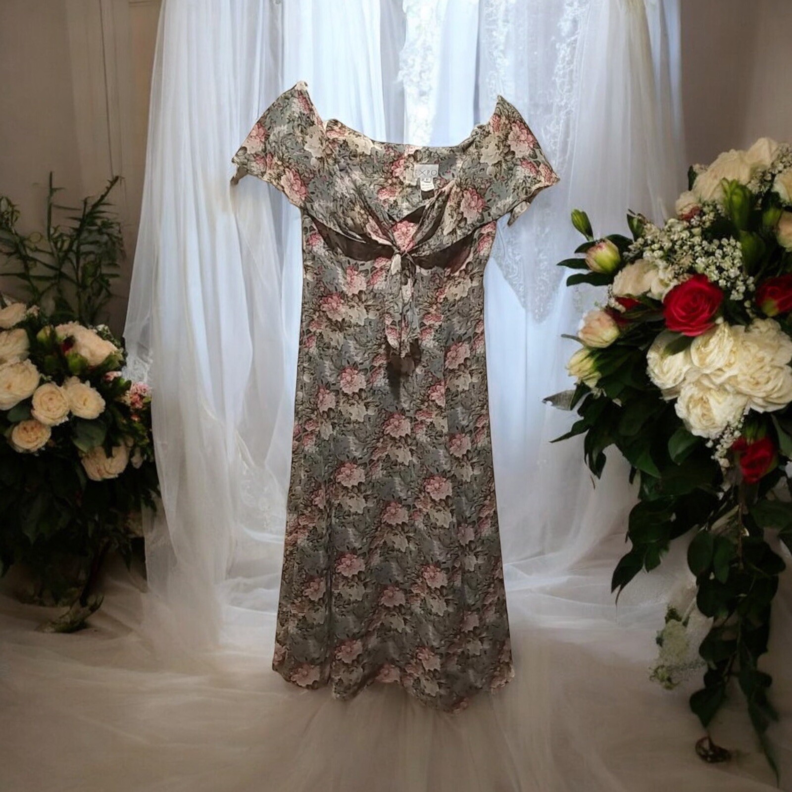 VTG Expo Floral Cottagecore Tea Party Dress Floral Size 8 Midi Sage Green Ivory