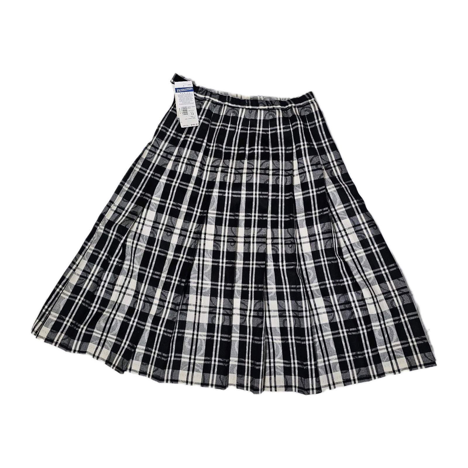NWT VTG Pendleton Plaid Pleated Midi Skirt Black White 100% Virgin Wool Sz 12