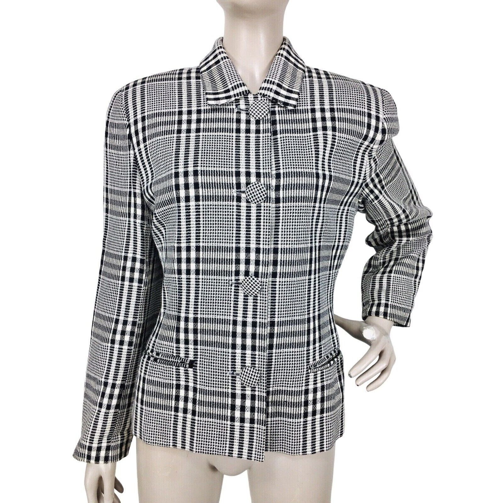 VTG Houndstooth Monochrome Plaid Button-Down Business Jacket Paul Stanley Size 6