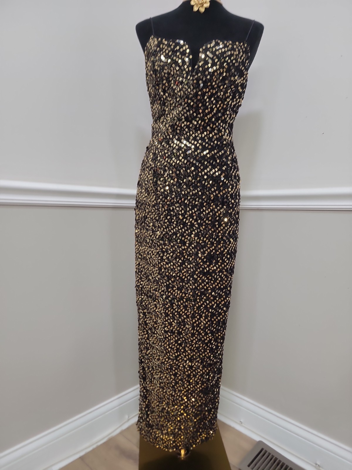 Vintage 90s Jessica McClintock Black Gold Sequin Column Maxi Evening Dress