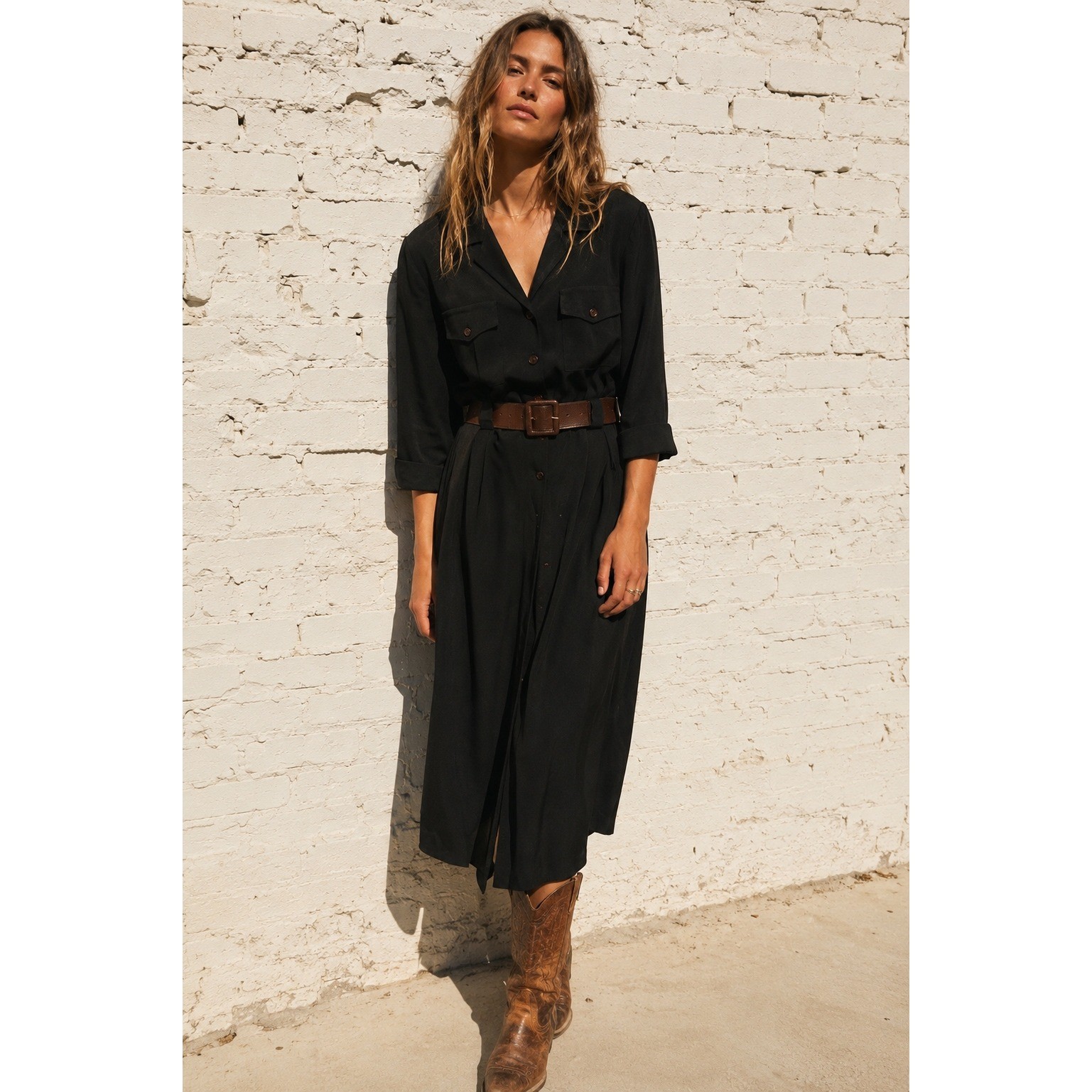 Vintage Studio I Black Crepe Midi Shirt Dress Utility Belted Pockets Petite S M