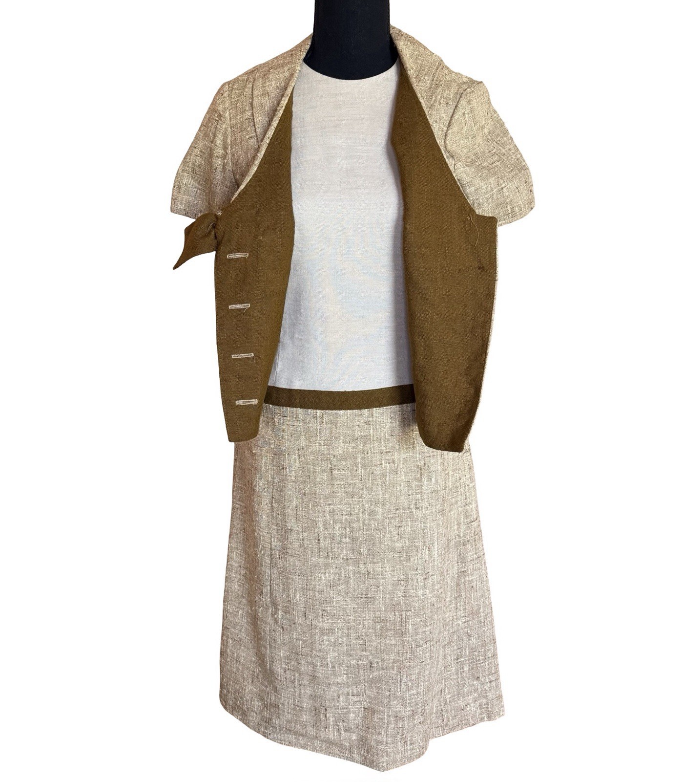 Vintage 1960s Sue Brett Tweed Style Dress and Jacket Set with Bow Size 6 Mod