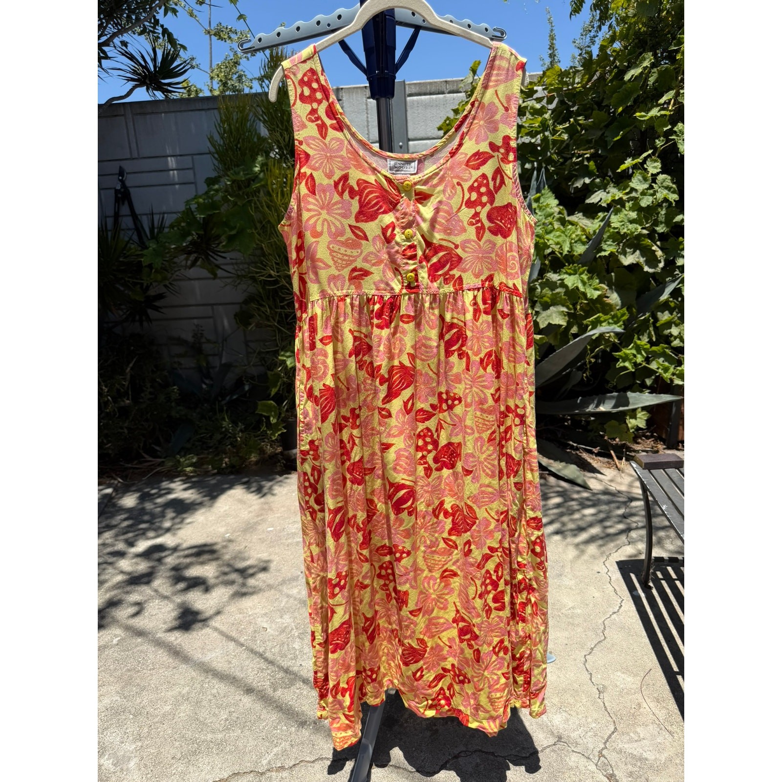 Vintage 90s Jennifer Moore Empire Waist Maxi Dress Large Yellow Pink Red Fish