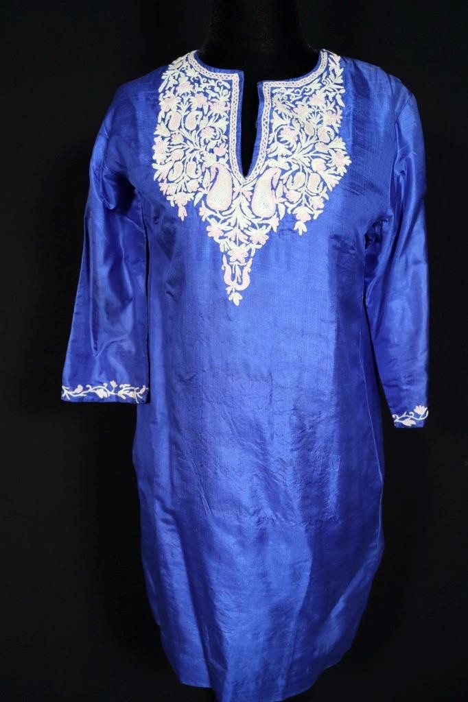 Vintage 1980’s-1990’s Kashmir Embroidered Deep Blue Silk Dress Size 4-6