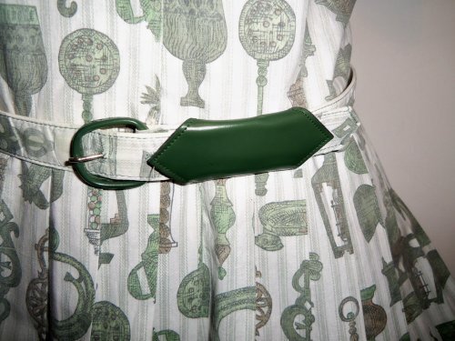 Vtg 50s VIRGINIA HART Cotton Fabric KITCHEN THEME Belt Dress DEADSTOCK M L NOS