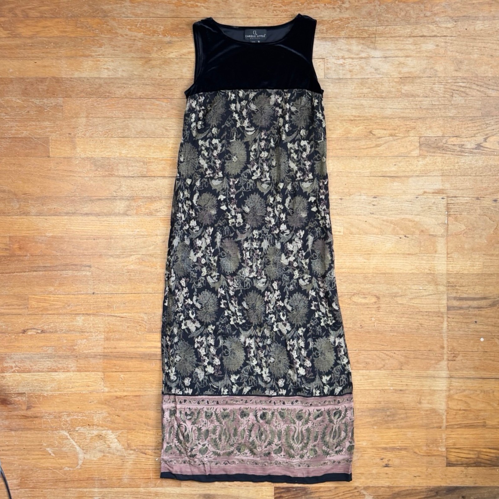 Vintage Velvet Bodice Floral Maxi Dress 90s Carole Little Romantic Boho Frock