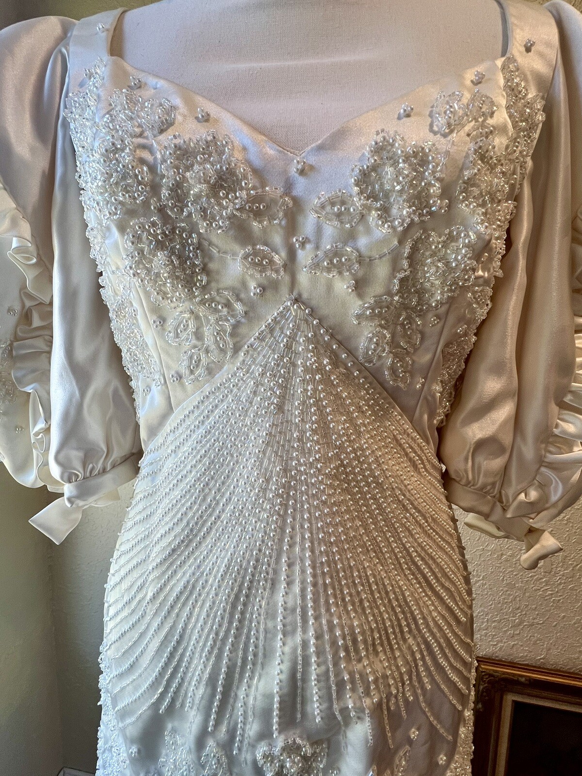 1980s Carlota Alfaro Handmade Beaded Wedding Dress Vintage Ivory Off White