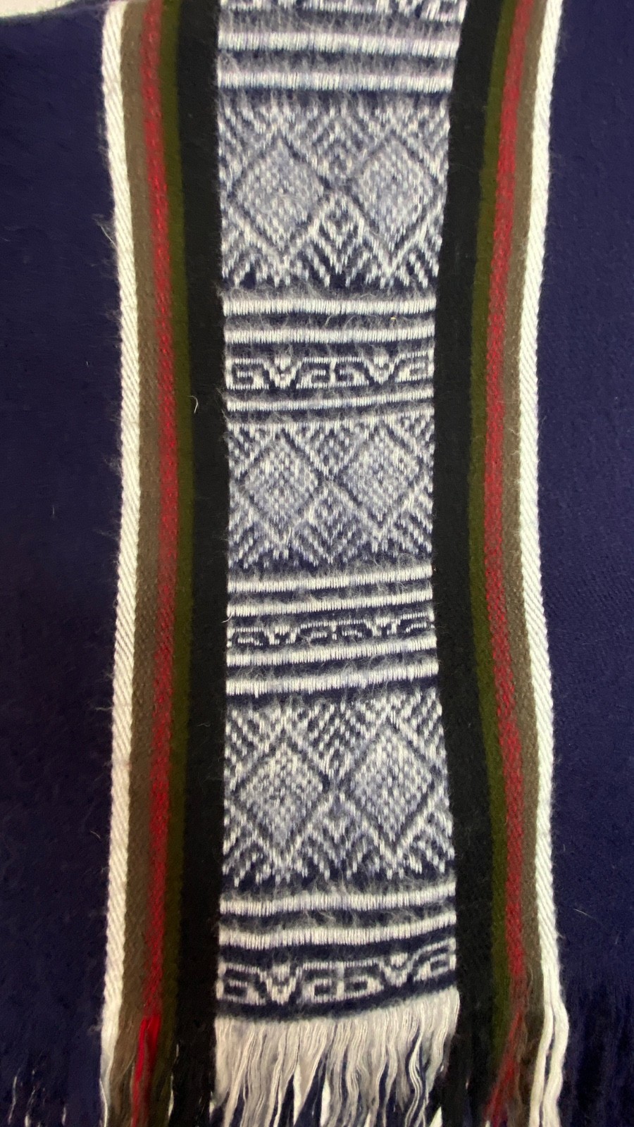Vintage 1970s blue alpaca wool poncho long striped fringe unisex boho blanket