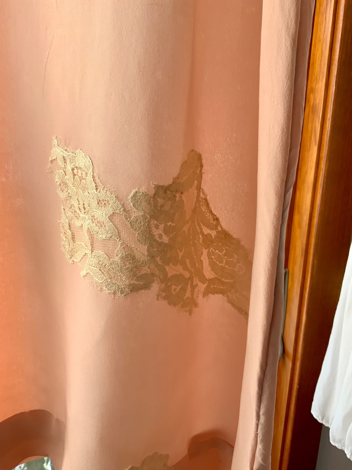 1940s Peach Silk Slip Dress with Antique Lace Appliqué — Pure Silk Boudoir Dress