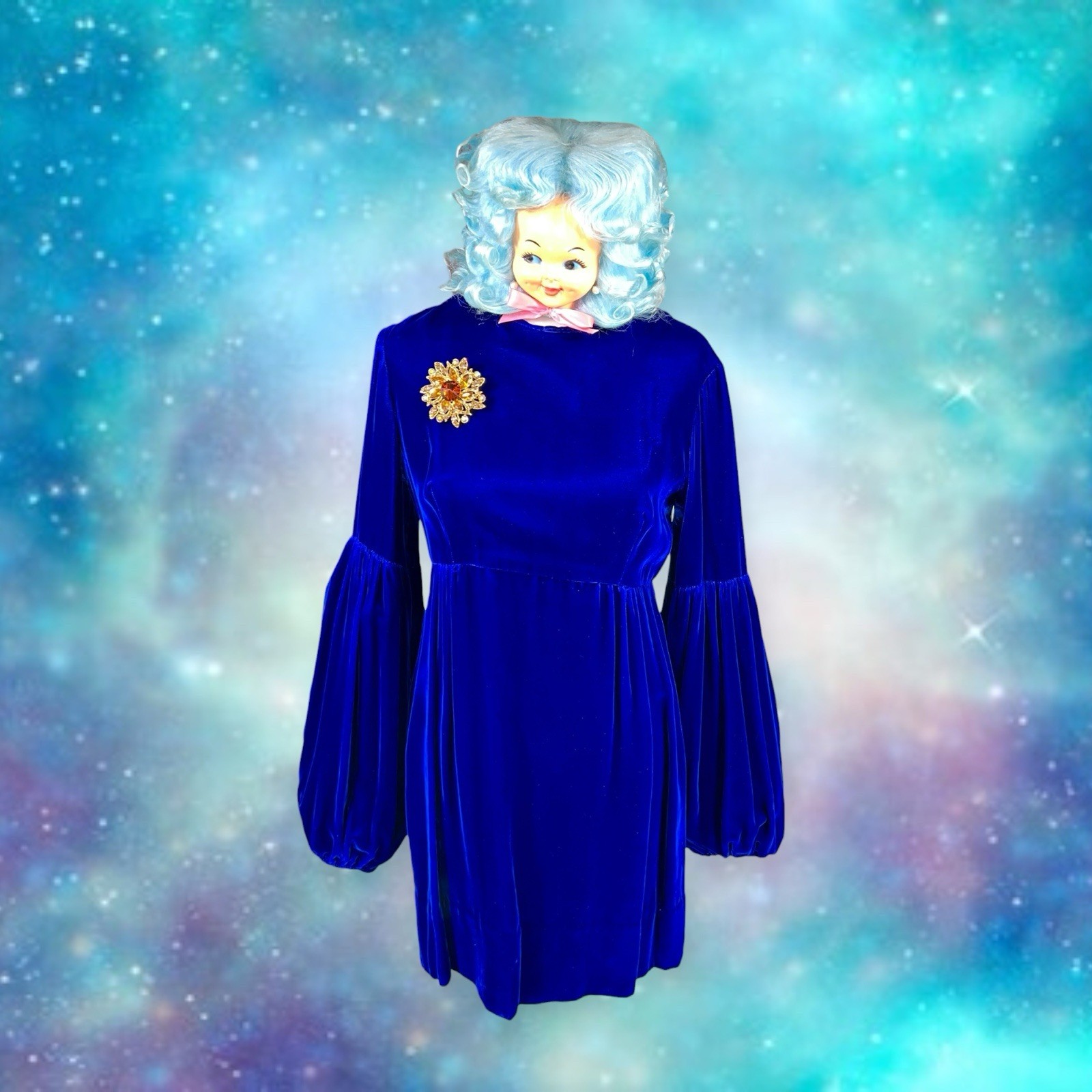 VTG 1960s BLUE VELVET DRESS GIGOT PUFF RENAISSANCE Whimsigoth MOD HIPPIE BOHO