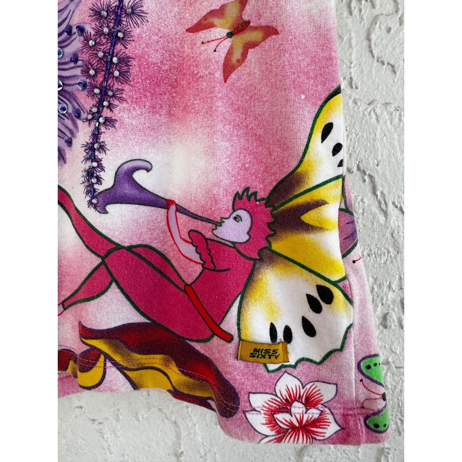 Miss Sixty Vintage Y2K Pink Butterfly Fairy Sequin Baby Tee Women Small Coquette
