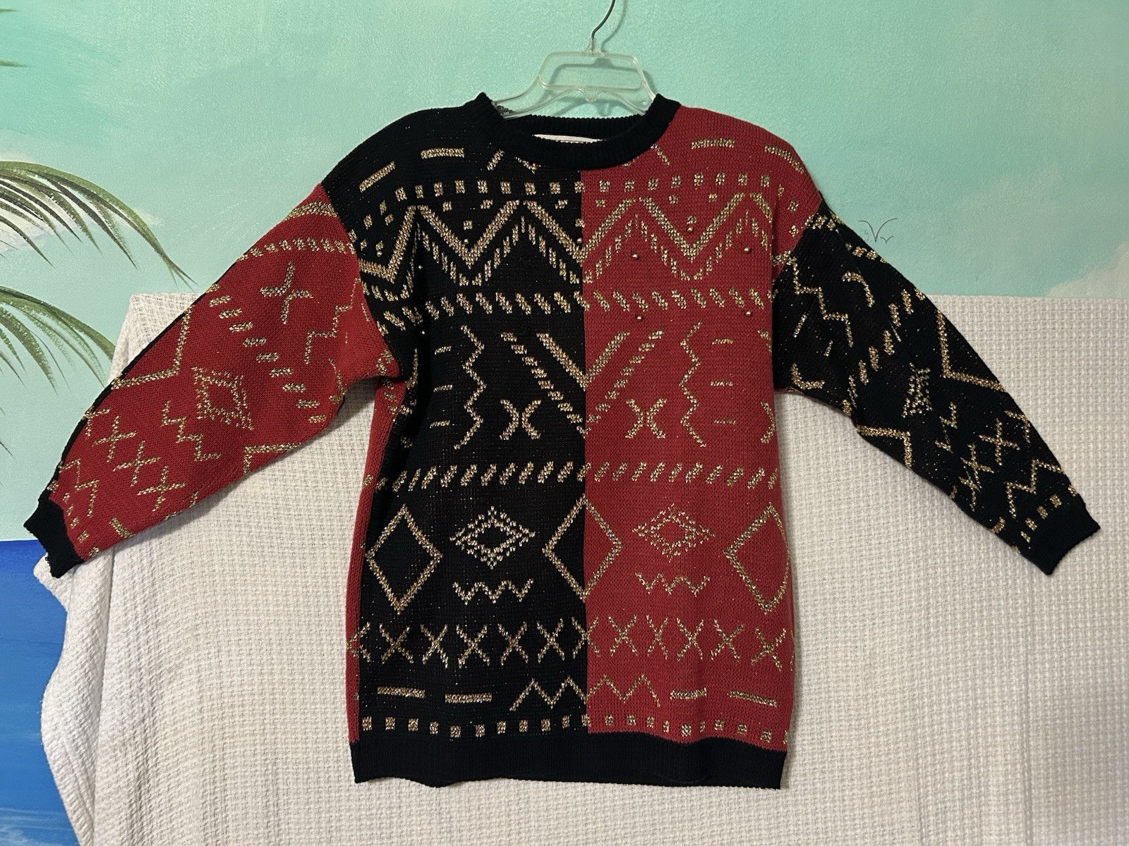Vintage Women’s Metallic Gold Geometric Red Black Knit Sweater M Maurada Xmas
