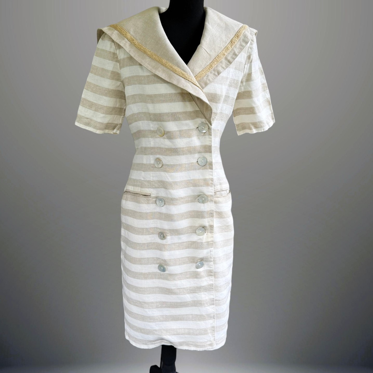 Vintage Linen Sailor Dress Women’s 14 Nautical Stripe Double Breasted USA Made