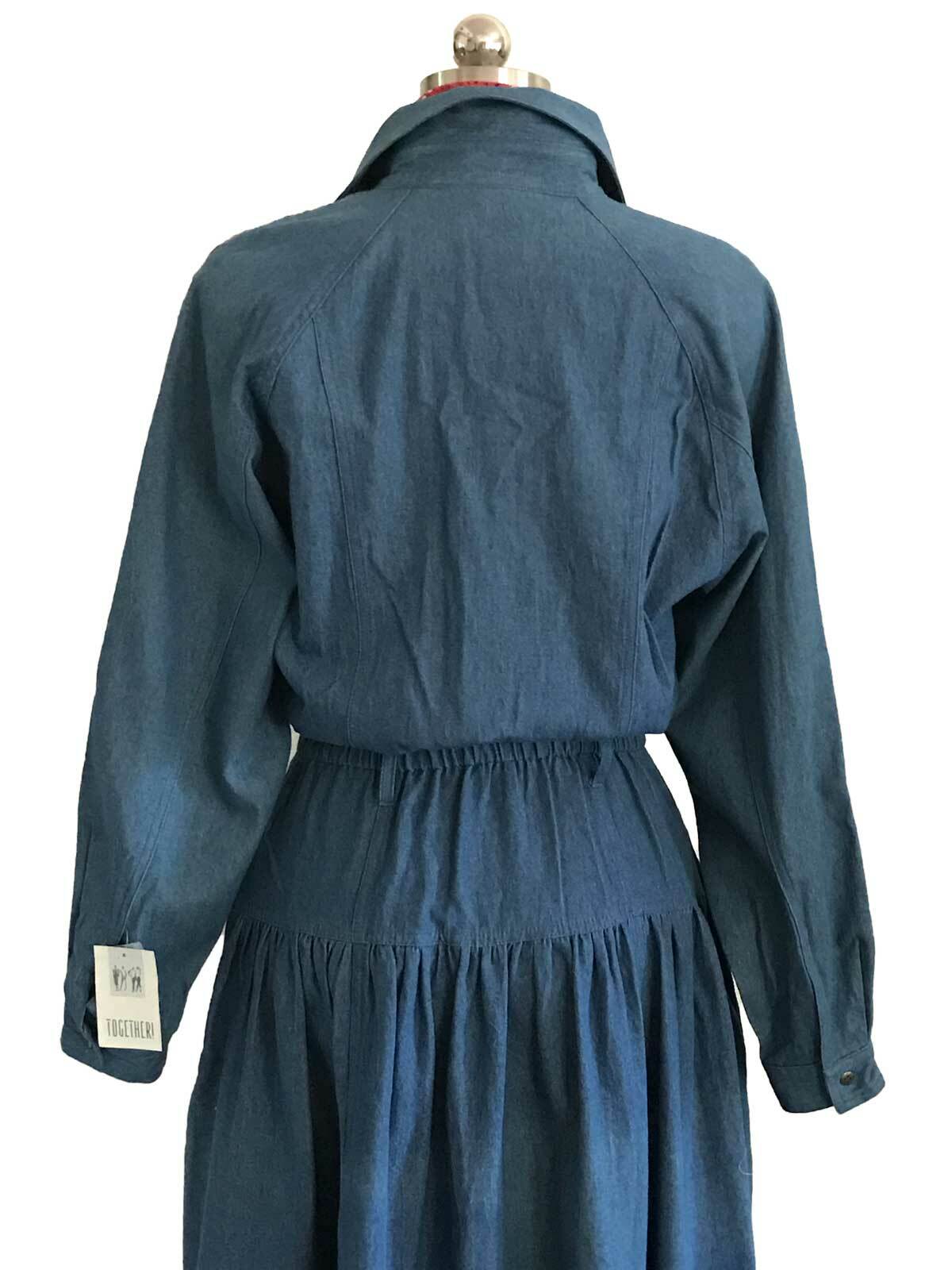 Vtg 80s Cowgirl Dress TOGETHER! Denim Button Front Lace Insert Wide Sweep tag 8