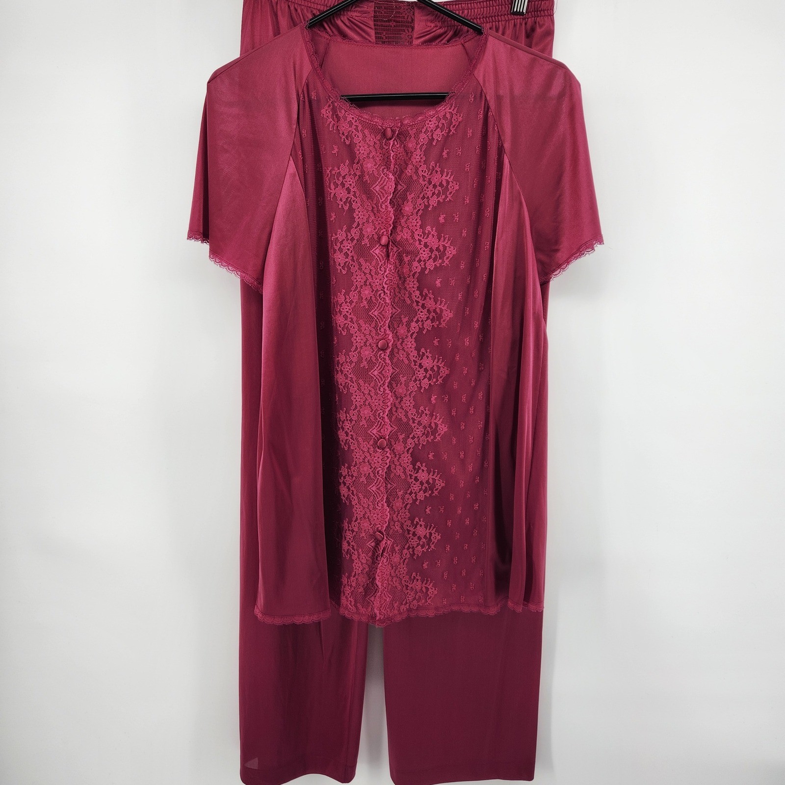Vintage Vanity Fair Burgundy Lace Antron III Nylon Pajama Set Top Pants Size 34