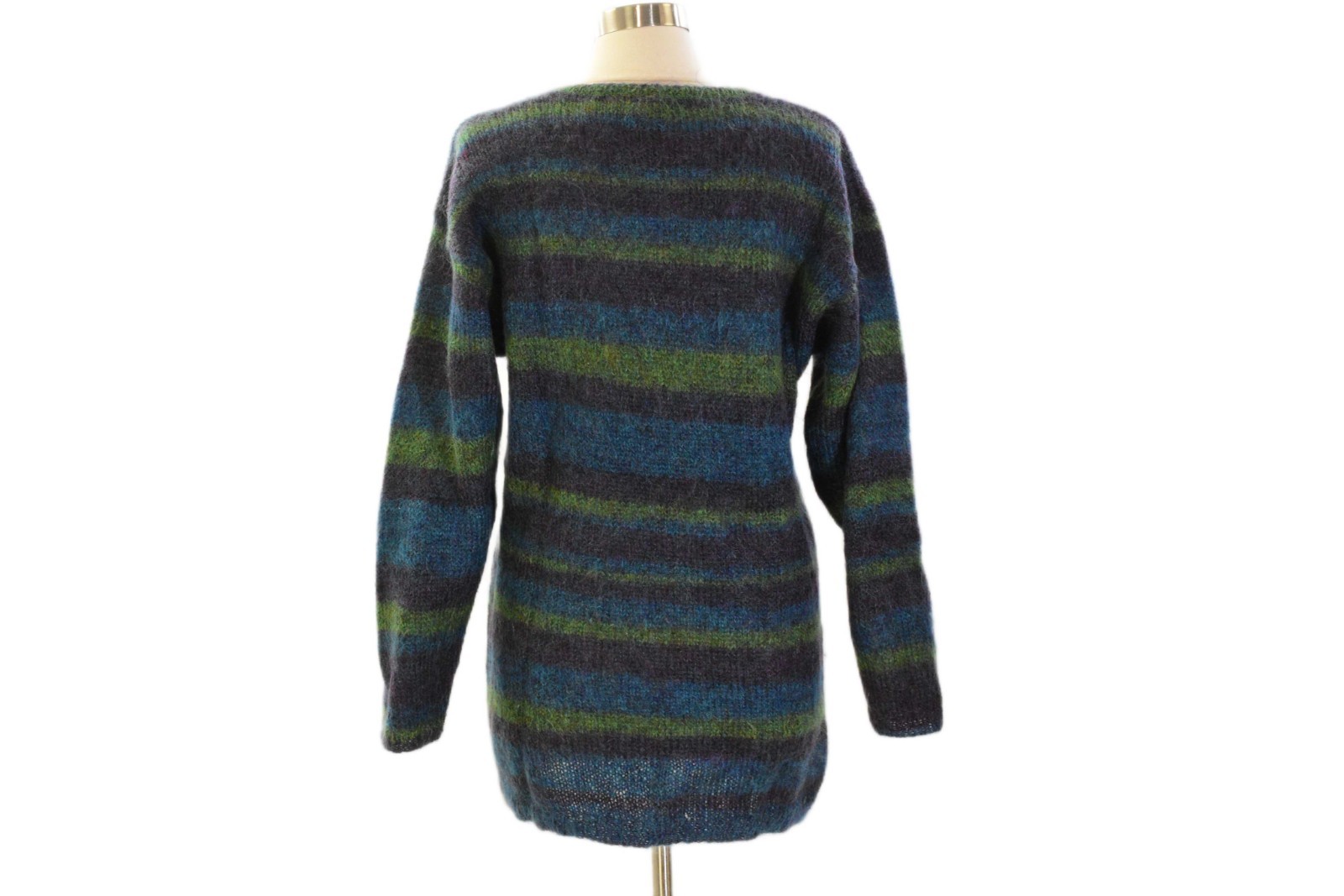 80s Vintage Oversized Tunic Mohair Sweater Womens S Striped Blue Green Boho