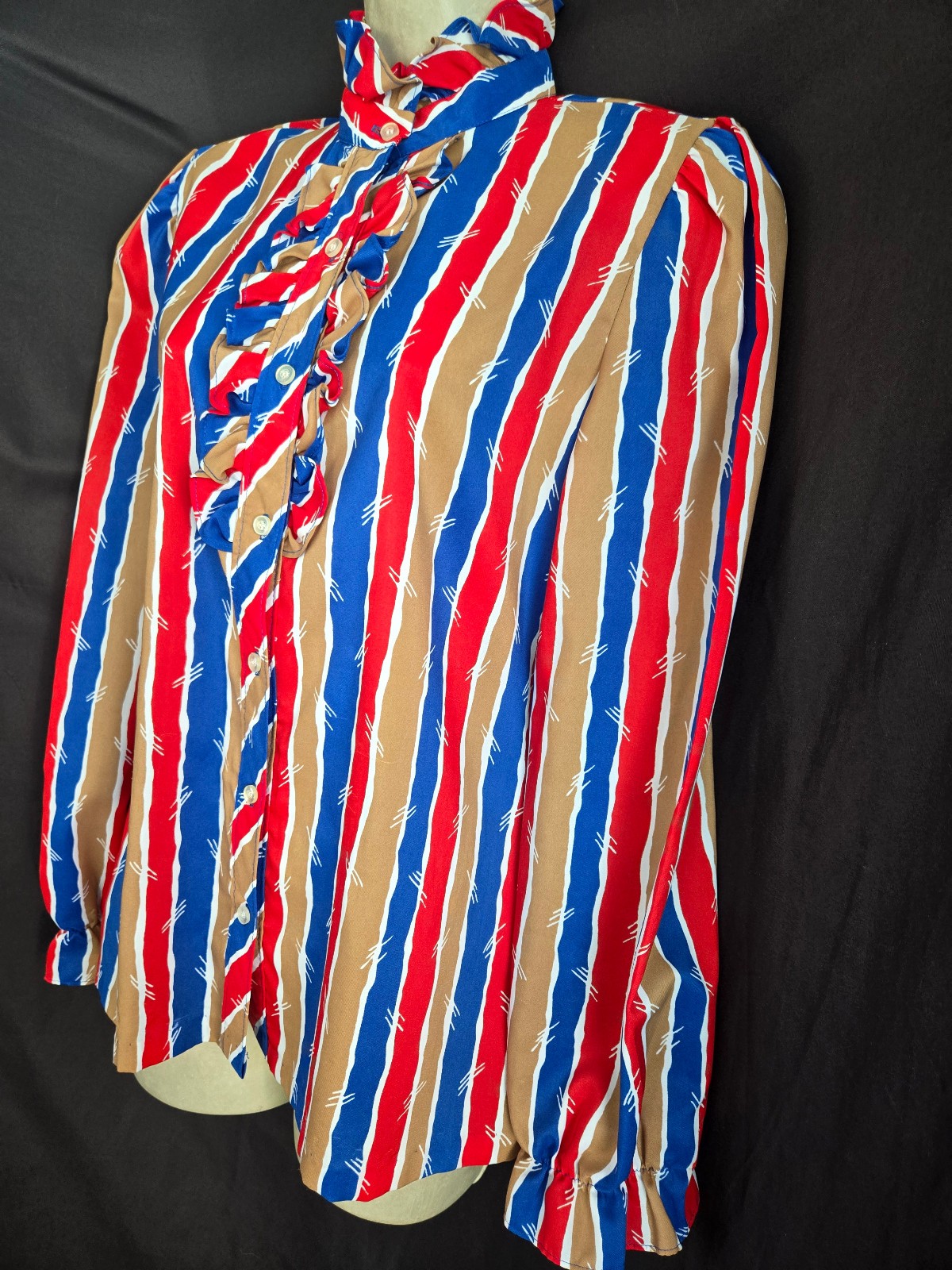 Vtg 70s 80s Ruffle Neck Prissy Secretary Suit Blouse BOLD Stripes Red Tan Blue
