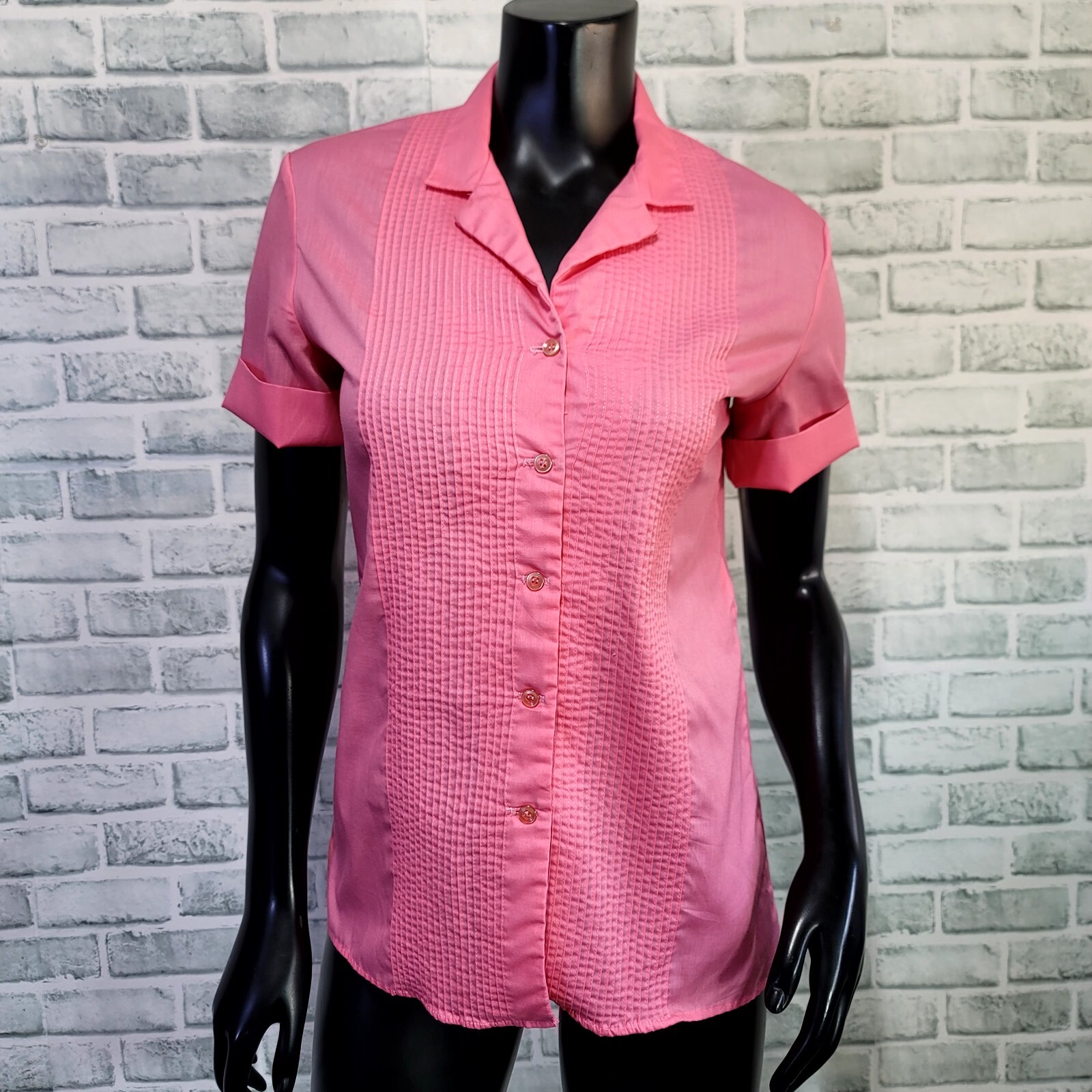 Vintage 70s 80s Lady Diplomat Womens 6 Pink Pintucked Short Sleeve Button Front