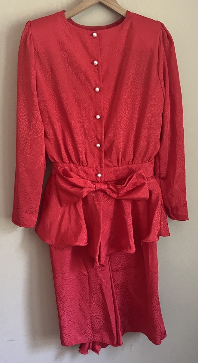 Vintage Skirt Set Blouse Top 80s 90s Ruffle Bow Secretary Peplum Size Small 4 6