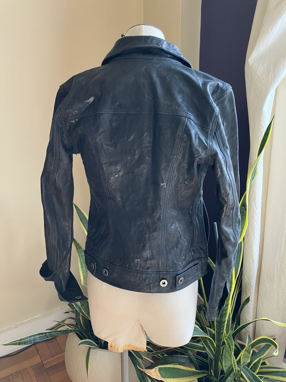 Womens Slim fit Vintage Deep Navy Blue Leather Button-Front Jacket XS
