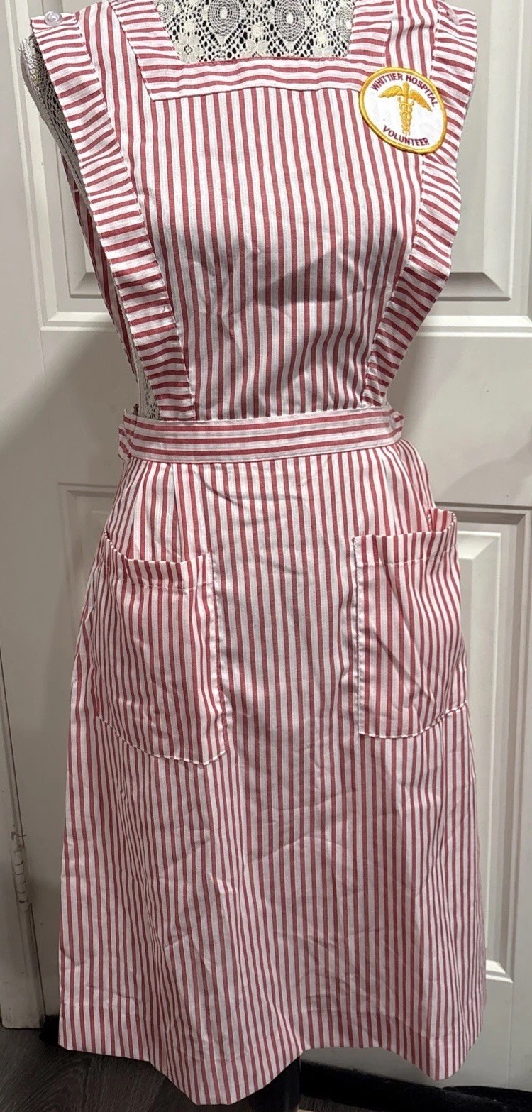 Vtg Sz 12-Angelica Candy Striper Pinafore Apron Red White Hospital Volunteer