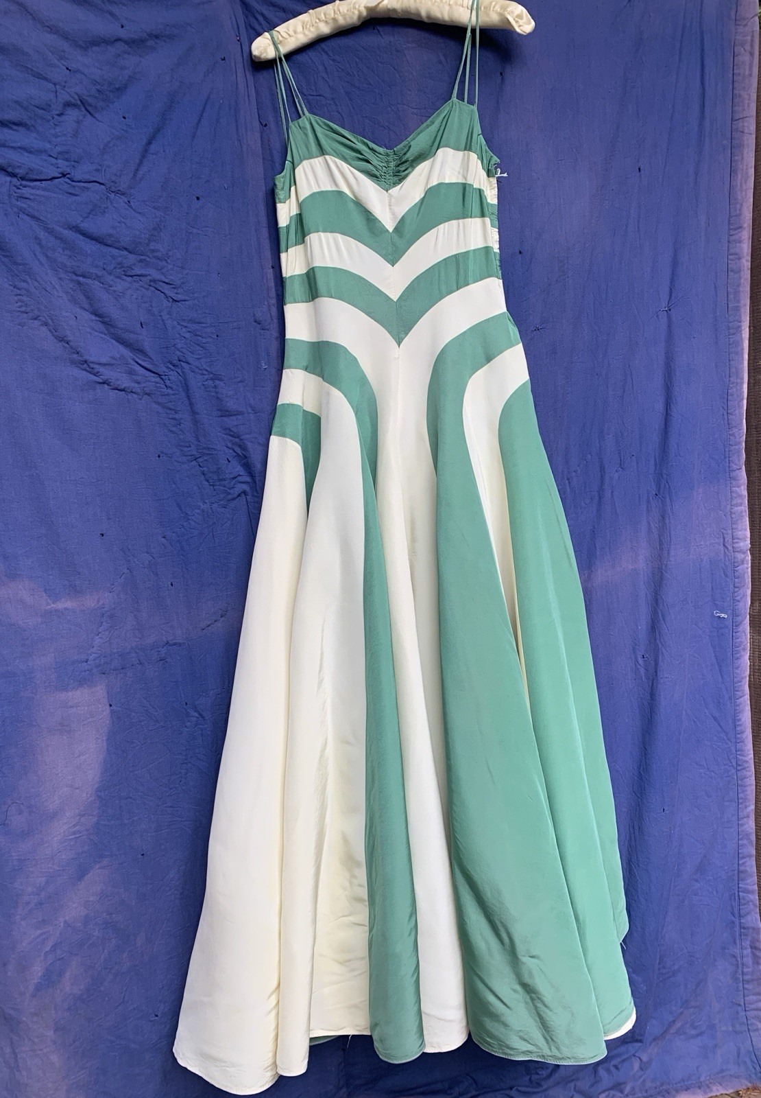 1940s Radial Stripe Rayon Taffeta Maxi Gown