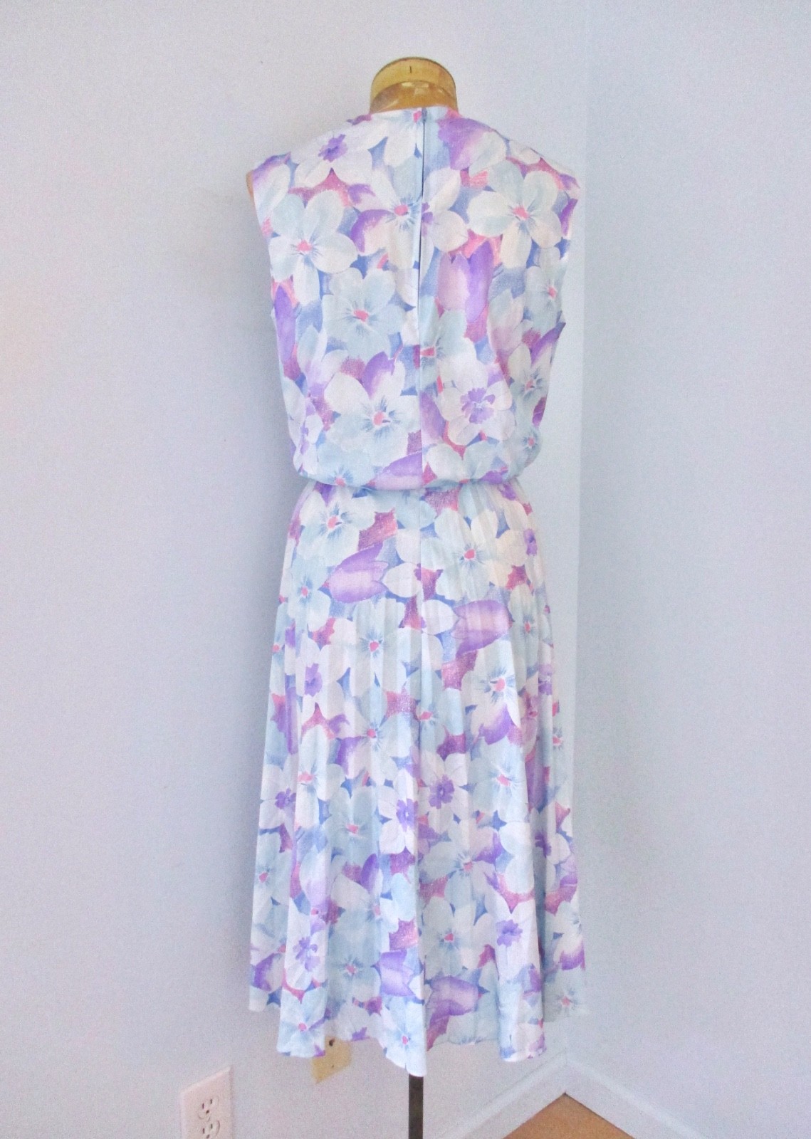 Vtg 70s Ms Lea Pink Purple Floral Poly Knit Secretary Dress Accordion Pleats 16