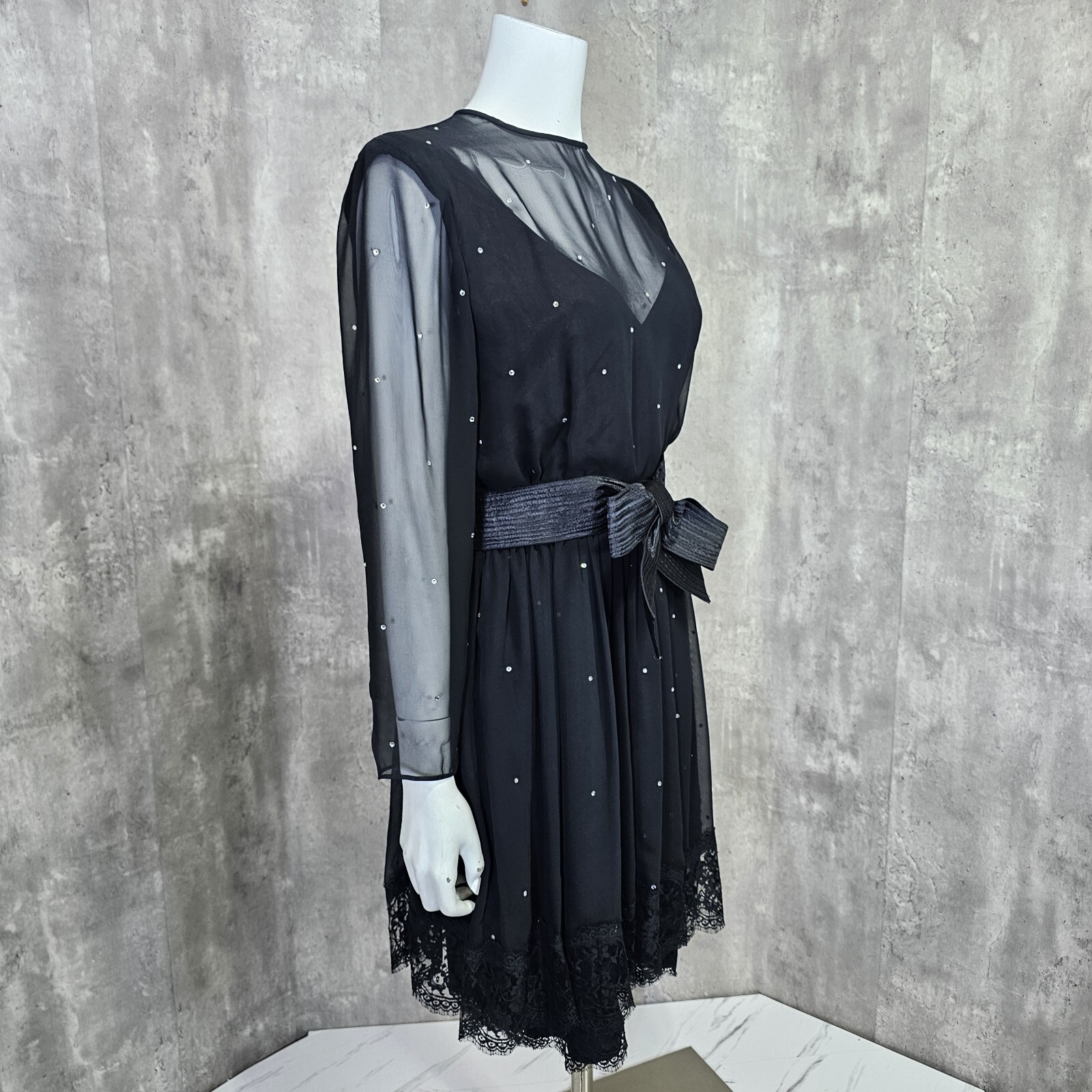 Vintage 80s Henri Bendel Liancarlo Illusion Neckline & Sleeves Black Dress Bow