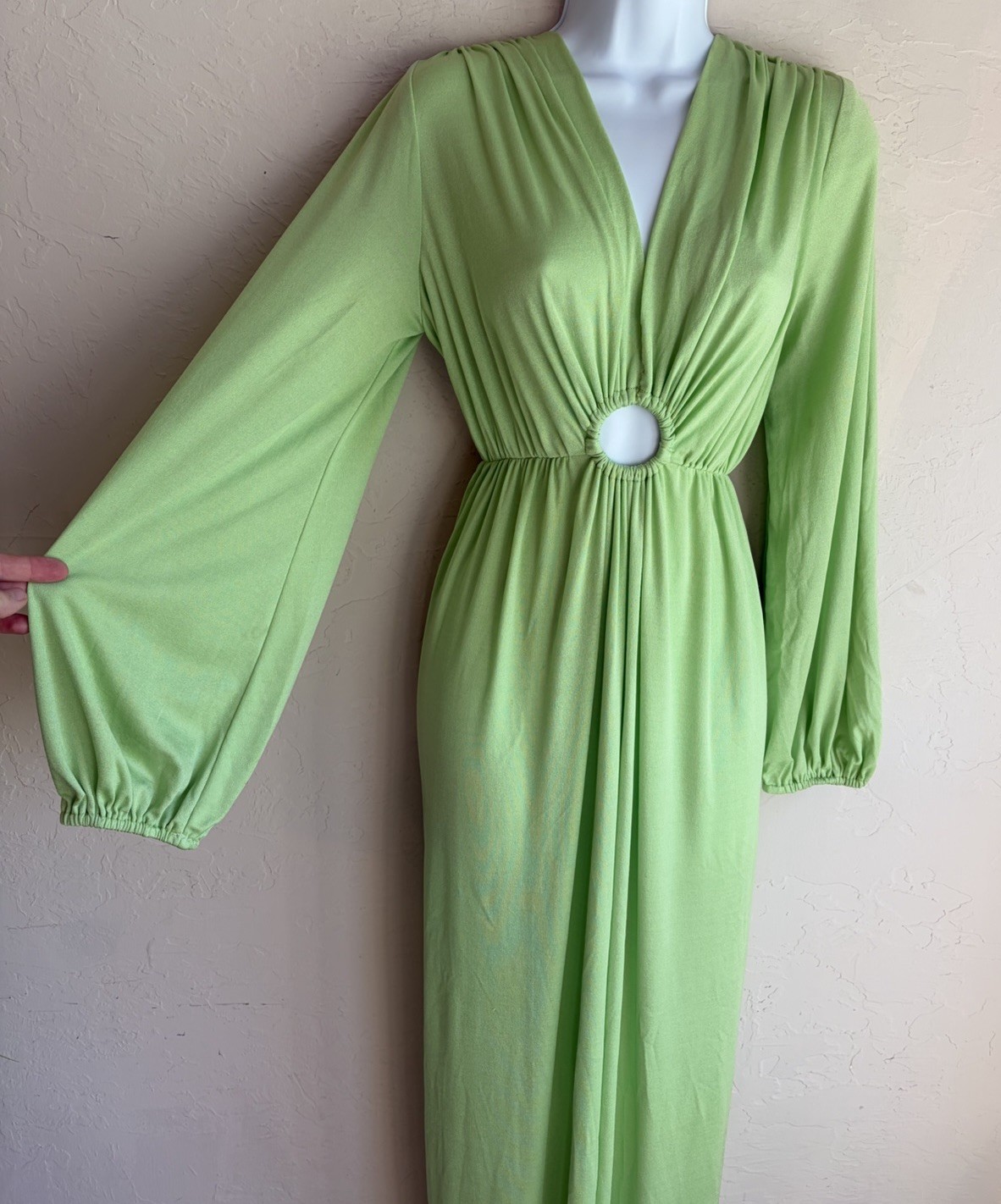 Vintage 1970s Gloria Moret Lime Green Maxi Dress S M Cut Out Disco Goddess Gown