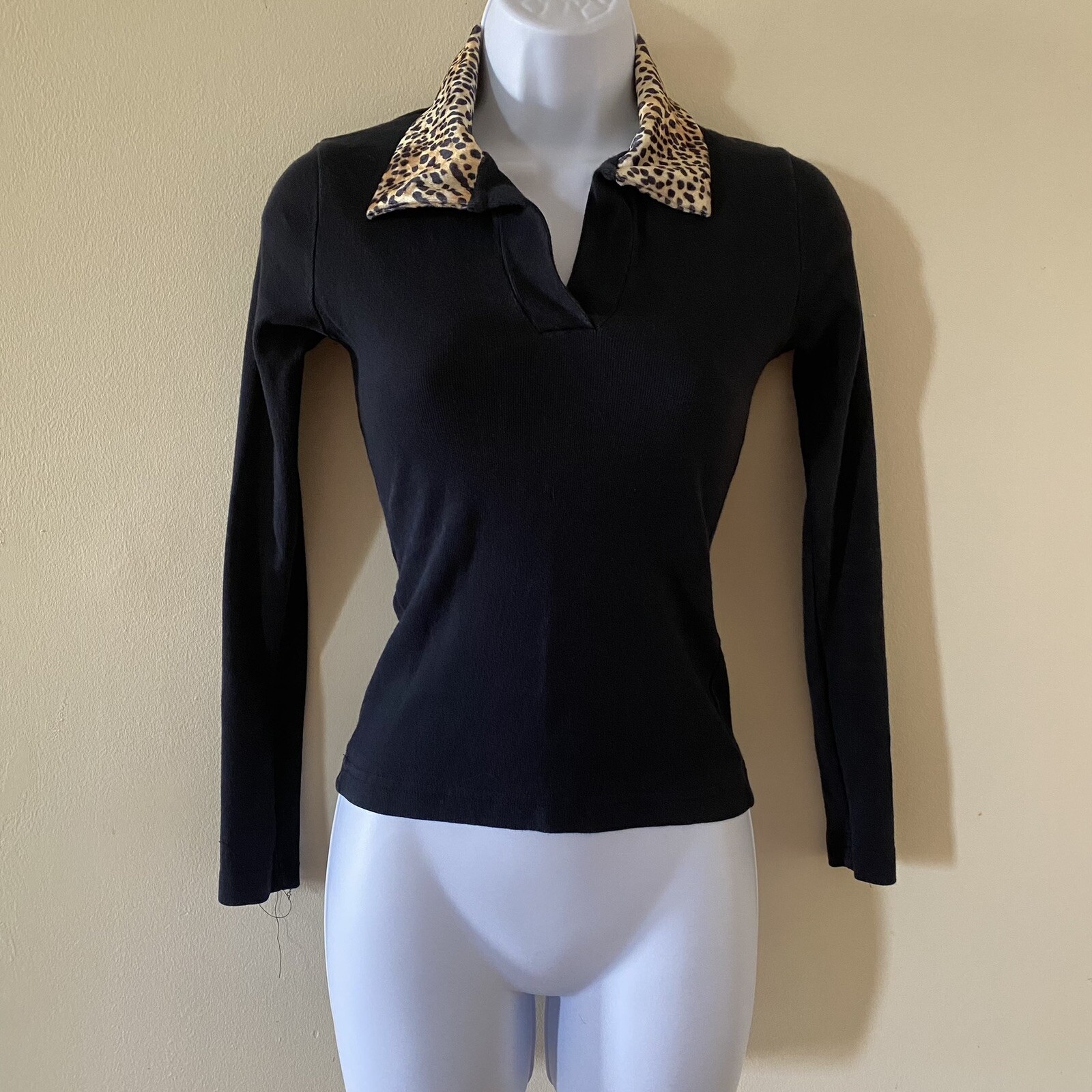 Vintage 1995 US Boys non stop wear Top Black w/ Animal Print Collar Size S Small