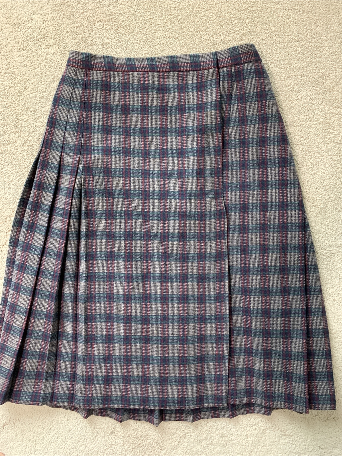 Vintage WOOL BLEND SKIRT Plaid Pleated INTUITIONS Brand Size 8 Mid-Calf EUC