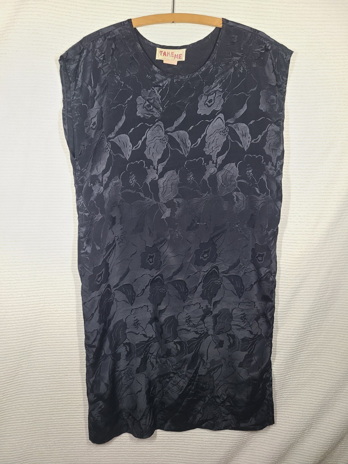 Vtg 80s Satin Dress Black Art Deco Iris Floral Print 30s Flapper Medium Take Me