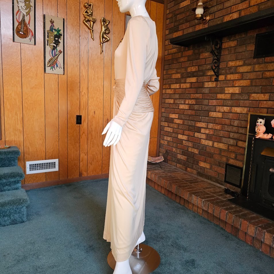 Vtg 70s Slinky Disco Champagne Gold Jill Richards Liquid Jersey Evening Gown S/M