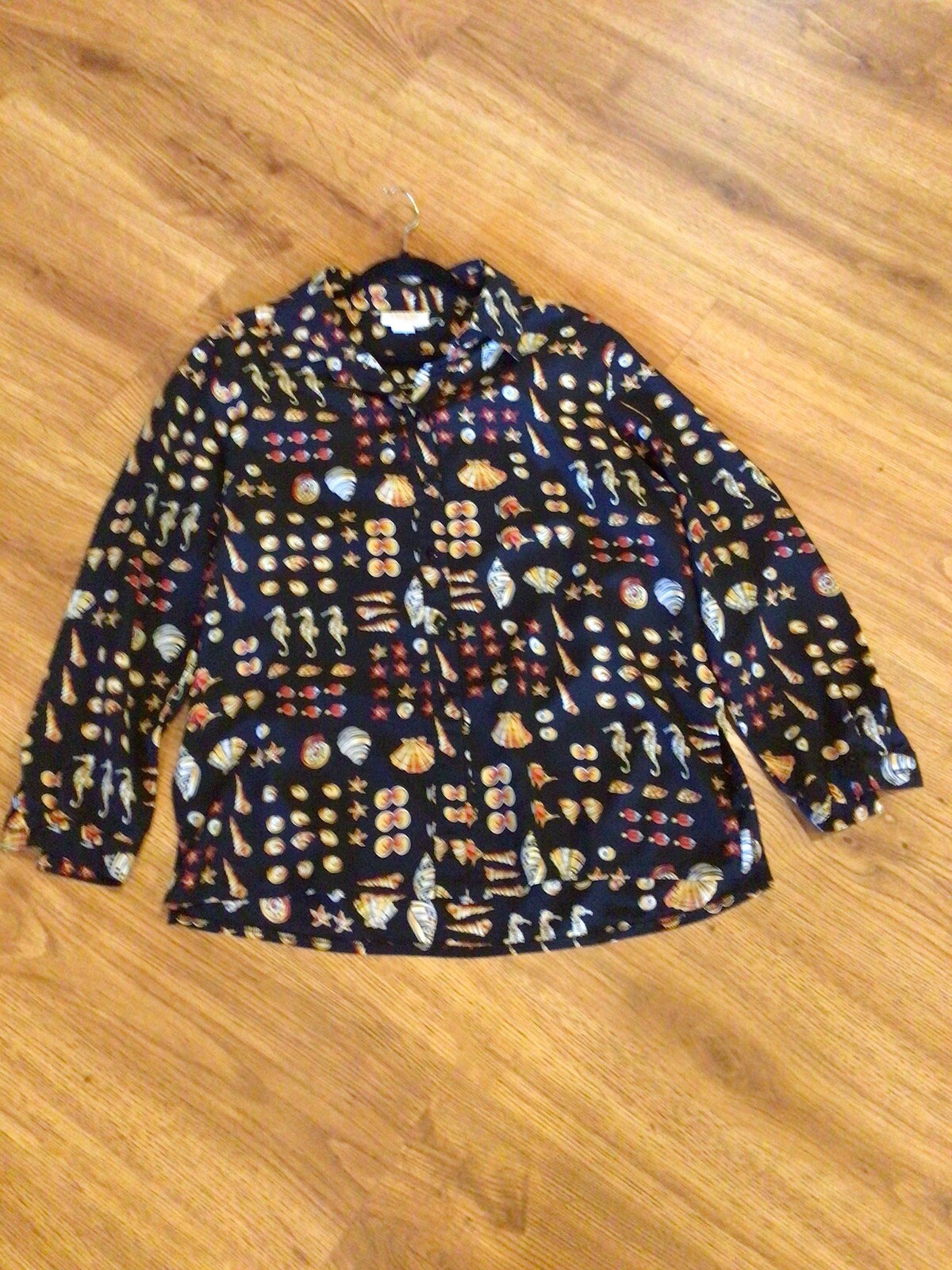 Vintage 1980s Da-Rue of California Blouse Top Seashells Beach Long Sleeve 14