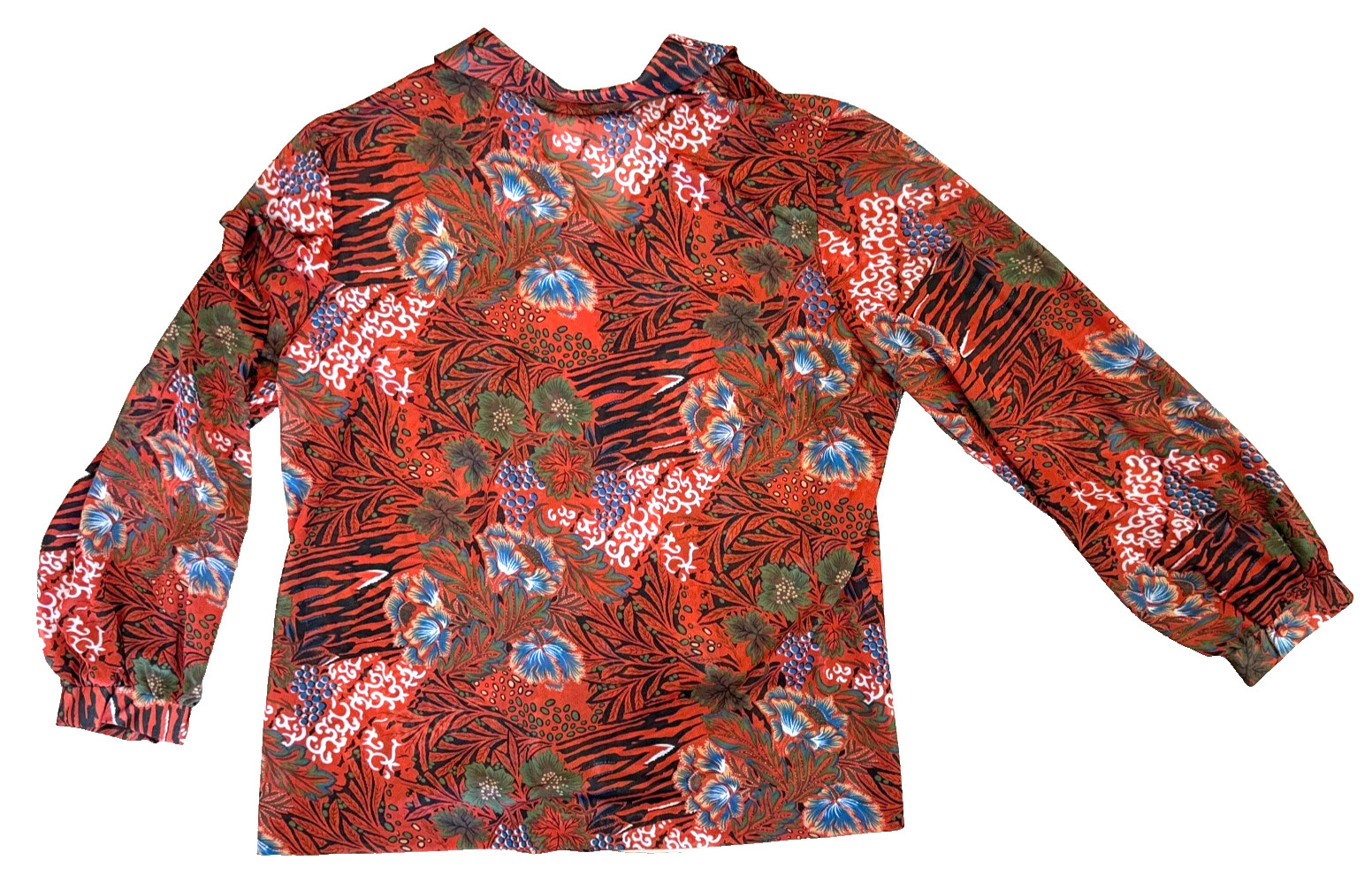 Vintage 70s Floral Psychedelic Blouse Top Orange Blue Women Size 44 See Through