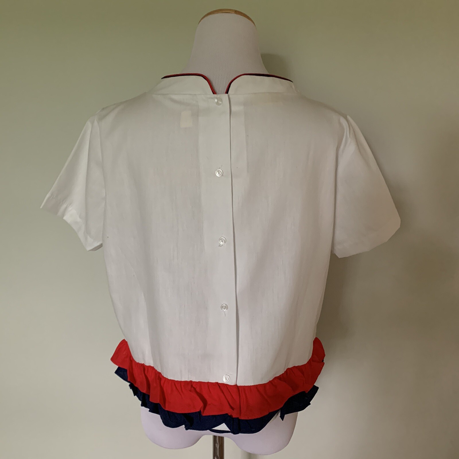 Vintage 50s 60s White Cotton Blouse Button Back Cropped Red White Ruffles Sz 38