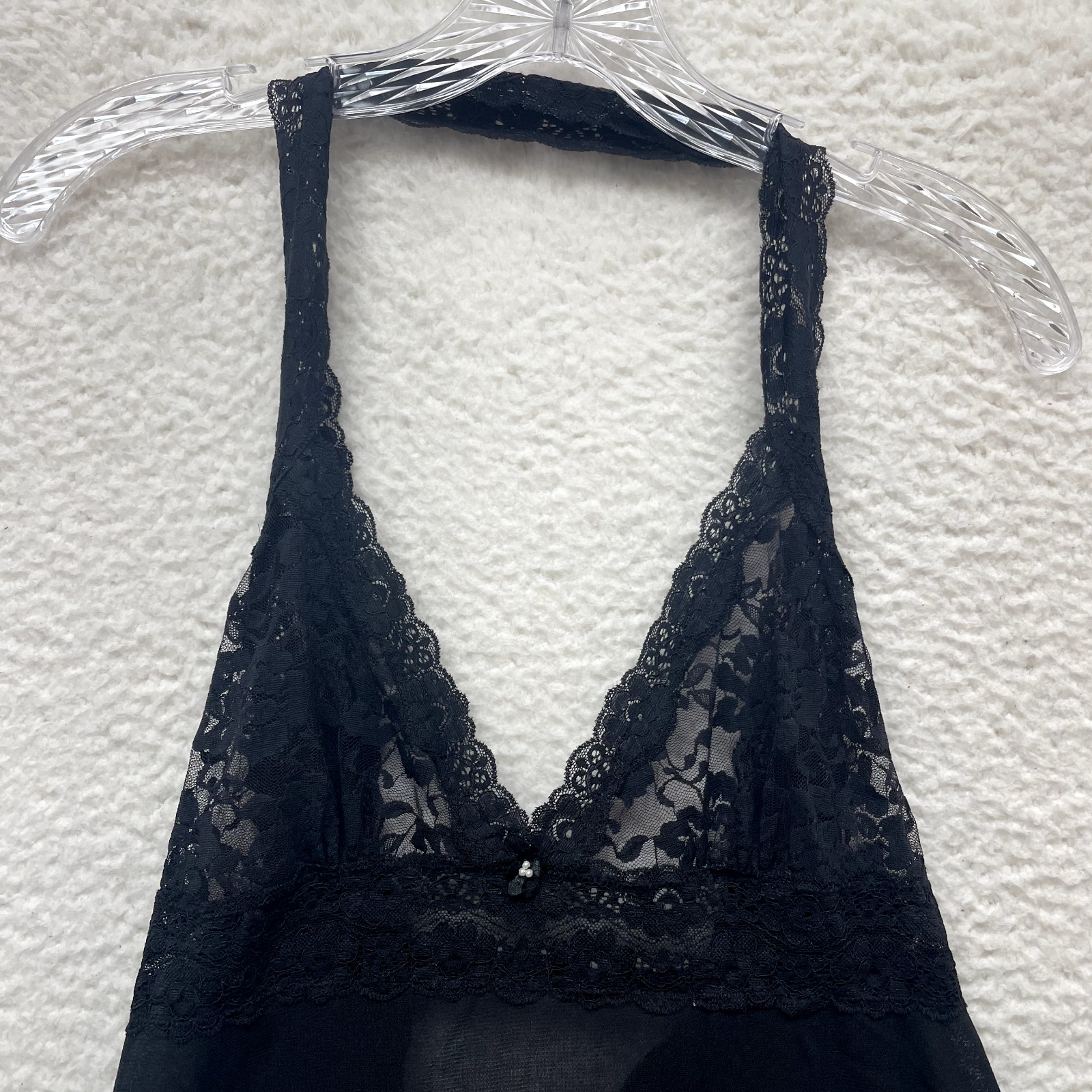 Y2K Vintage Slip Dress XL Black Lace Mesh Halter Edwardian Victorian Lingerie