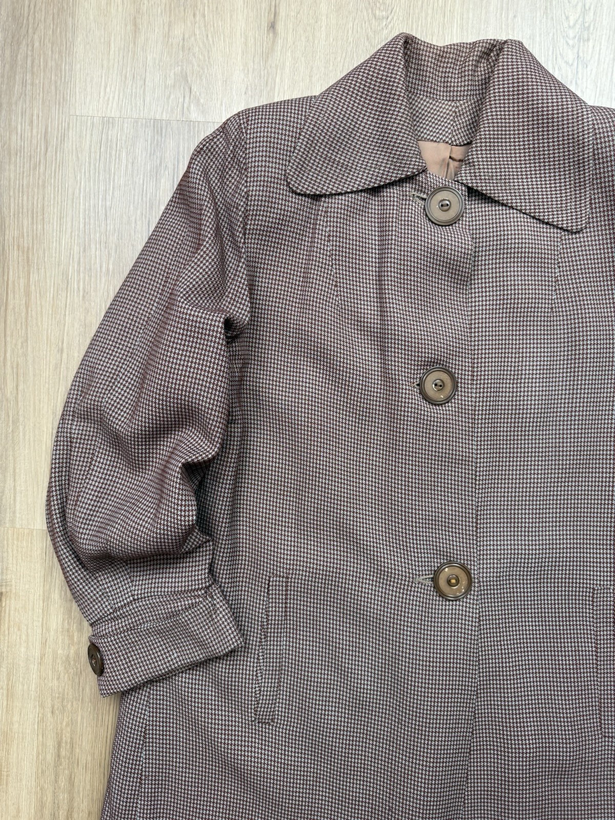 50s Vintage Houndstooth Gabardine Long Coat Women’s Medium Tailored Bespoke