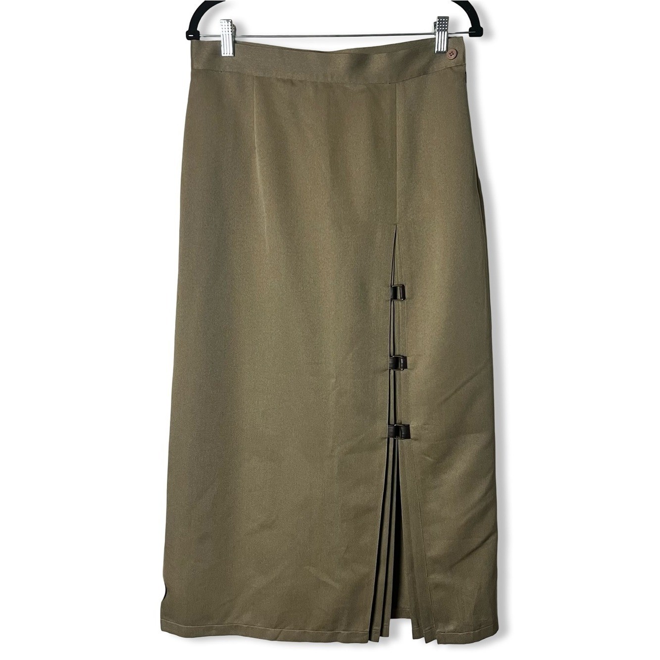 Together Vintage 80s Tan Midi Skirt Faux Leather Buckle Straps Pleated Slit Sz S
