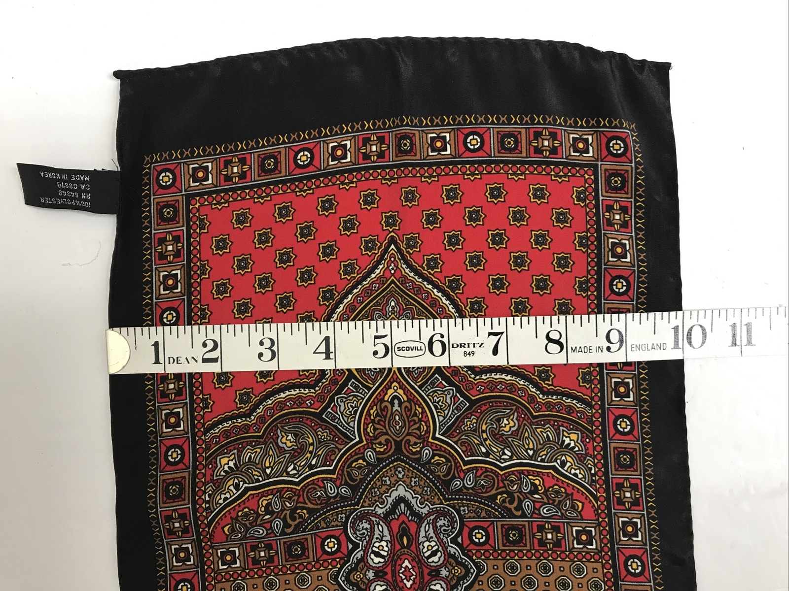 Vintage Polyester Made in Korea 52”x10″ Red, Black, Gold Tone Scarf