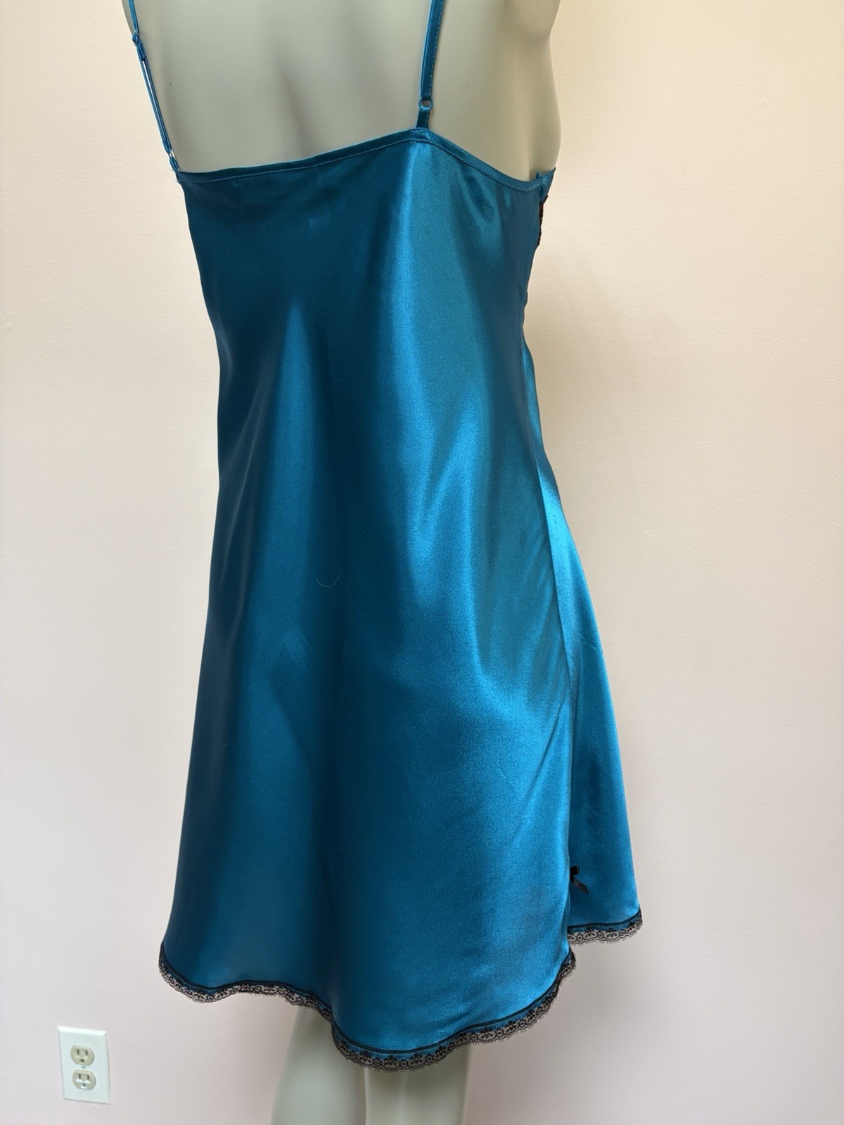 Vintage Y2K Morgan Taylor Teal Rhinestone Bows Satin Lace Slip Dress Chemise L