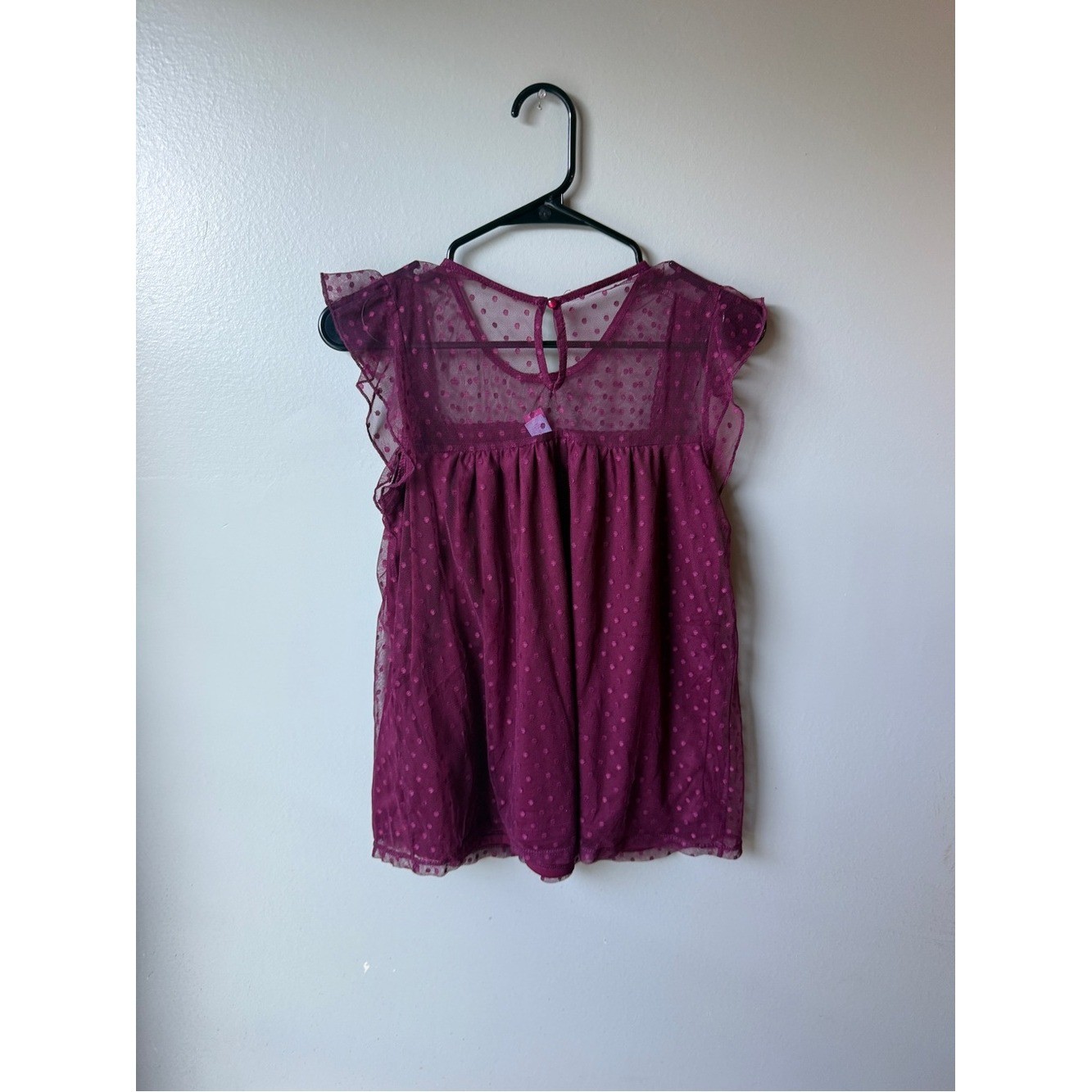 Girls Plum Swiss Dot Mesh Ruffle Sleeve Blouse Size L 11-13