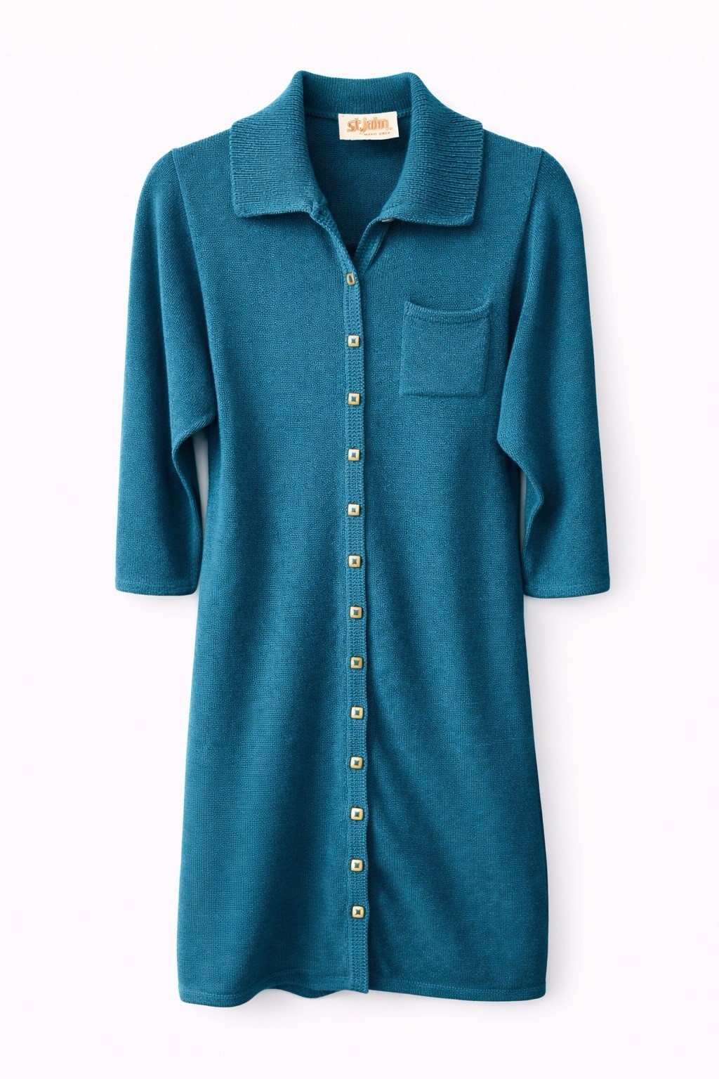 Vintage Collector St. John Santana Knit Enamel Button Teal Spring Dress M / L