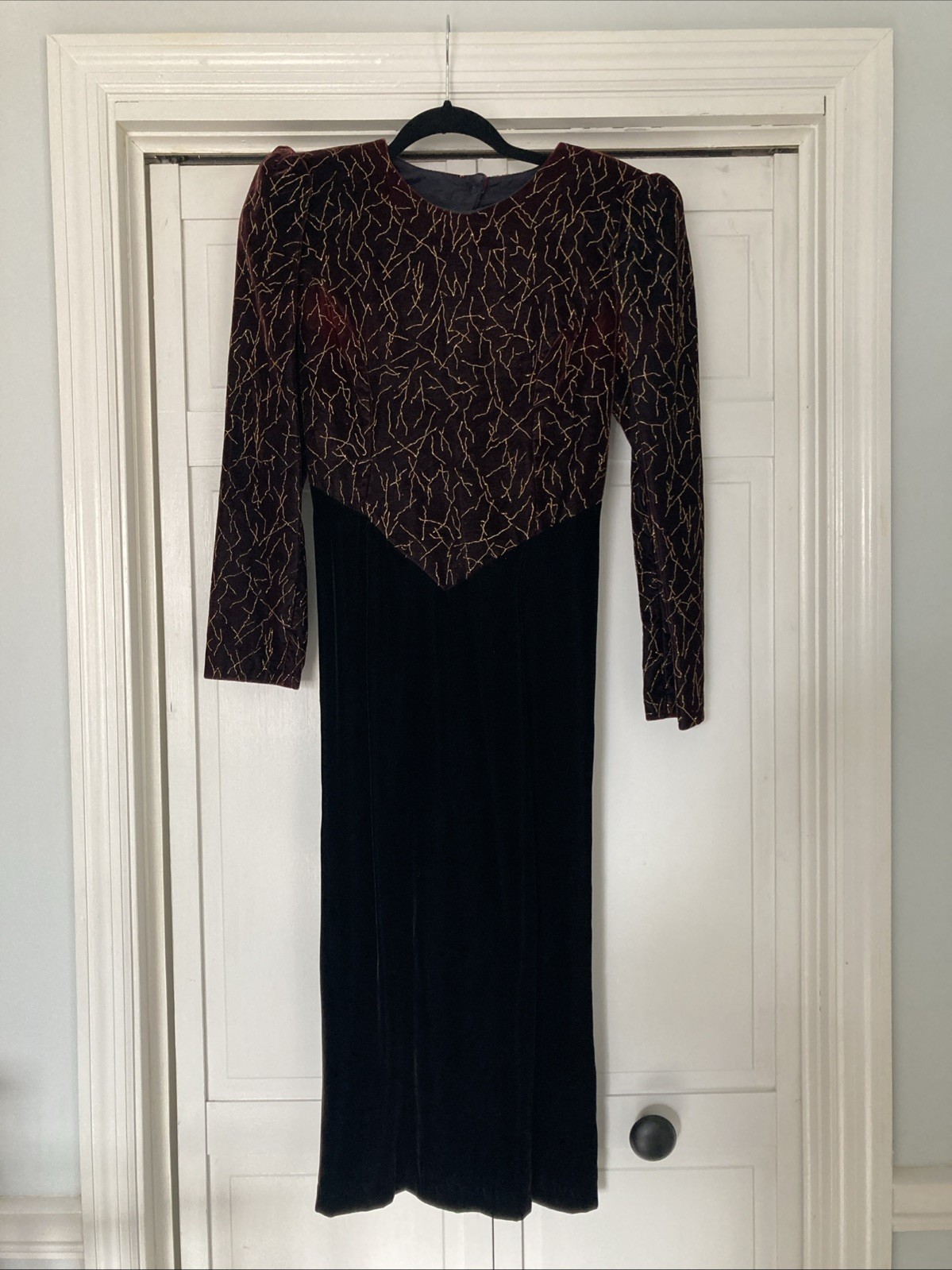 Vintage Cocktail Dress – Black with Eggplant & Bronze Bodice – S/M