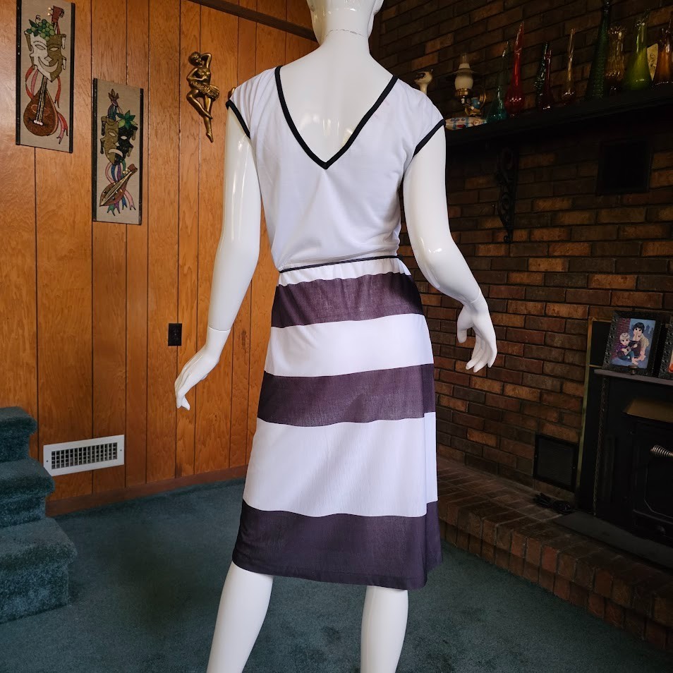 Vtg 70s 80s Chic Disco Striped Ringer Sheer Shirtwaist Casual T-Shirt Dress XS/S